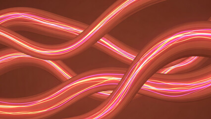 Vibrant pink and orange neon light trails on dark background, abstract technology and innovation concept with glowing curves and lines with futuristic energy