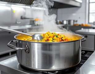 Large Pot Cooking Vegetables in Commercial Kitchen