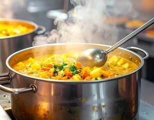 Hot Vegetable Soup Being Served from Cooking Pot