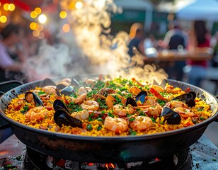 Seafood Paella Cooking Outdoors with Steam