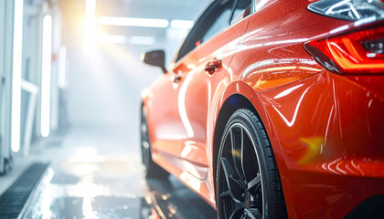 A Sports Car in the Wash: A sleek, modern sports car gleams with freshly applied coat, bathed in the soft glow of interior lighting, conveying luxury, and innovation.