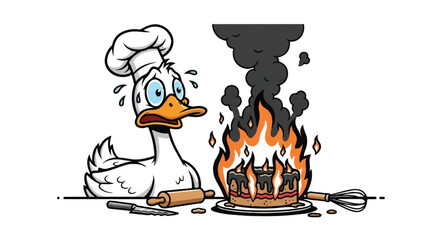 Panicked Goose Chef Looking at Burnt Cake on Fire, Funny Culinary Failure and Kitchen Disaster Concept Illustration
