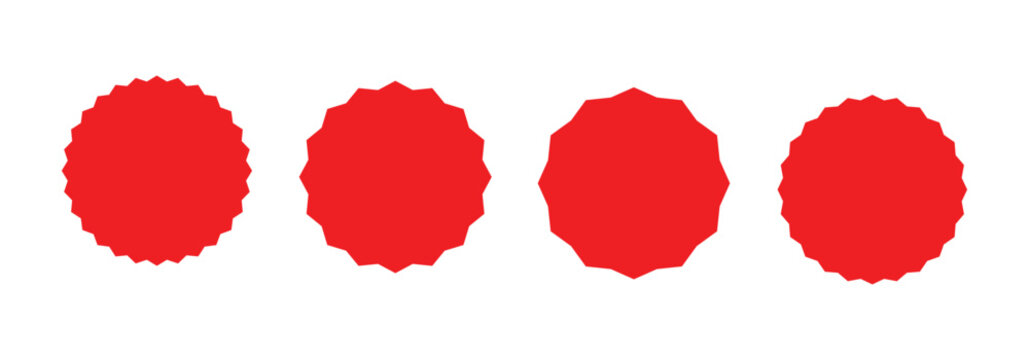 Wavy edge promo red starburst set. Zig zag edge silhouette circle design for price tag, label, sales sticker. Flat vector icon set isolated on white background.