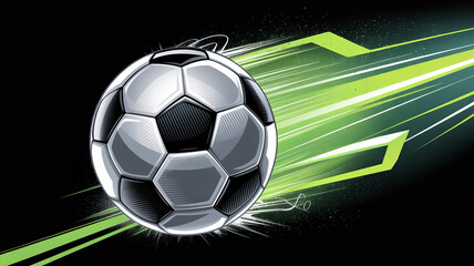Ultra-realistic dynamic soccer illustration, hyper-speed carbon-fiber ball with glowing neon light trails,  motion energy particles, premium commercial sports branding.