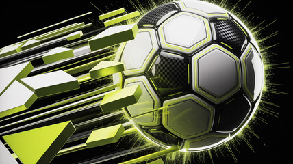 Ultra-realistic dynamic soccer illustration, hyper-speed carbon-fiber ball with glowing neon light trails,  motion energy particles, premium commercial sports branding.