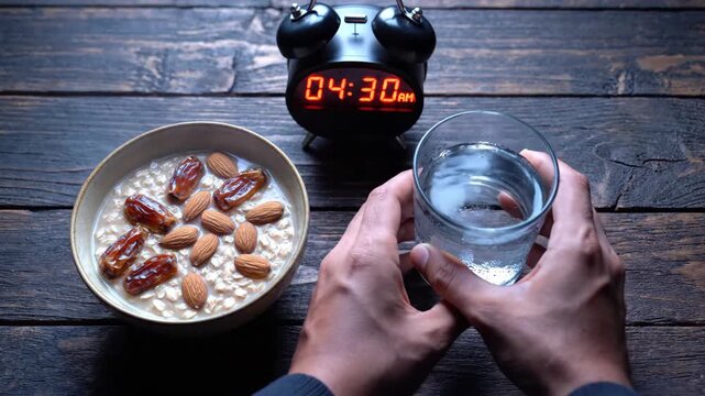 Person preparing a Suhur meal of oatmeal with dates for Ramadan fasting. Top view of a healthy pre-dawn breakfast with an alarm clock showing 4:30 AM. Islamic holy month tradition