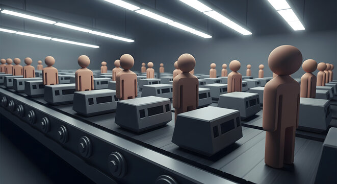 Modern illustration of automation anxiety showing identical human figures in a production line, representing dehumanization, loss of individuality, and uncertainty in automated workplaces.