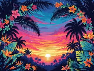 Naklejka premium Vibrant tropical sunset scene with palm trees and colorful flowers
