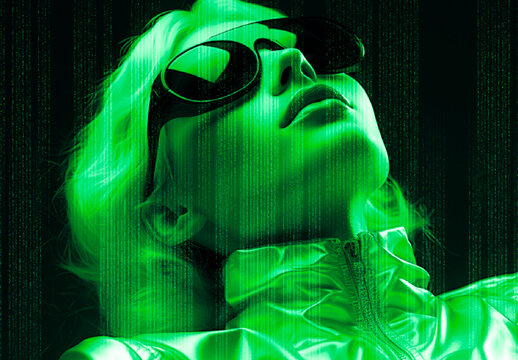 Green And Black Matrix Code Rain Photo Effect Digital Cyberpunk Portrait