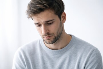 Obraz premium A man gazes downward with a heavy, pensive expression, capturing a state of mental exhaustion, quiet sadness, or profound inner reflection.