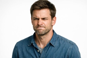 Obraz premium Aggressive Frustration and Suppressed Anger. A man with a tense, furrowed brow and tightly pressed lips displays a powerful expression of irritation, mental conflict, or boiling anger.