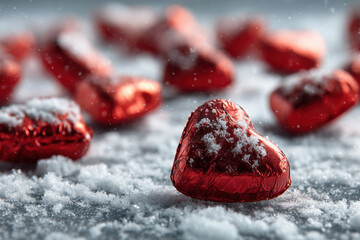 Red chocolate candies on snow abstract background