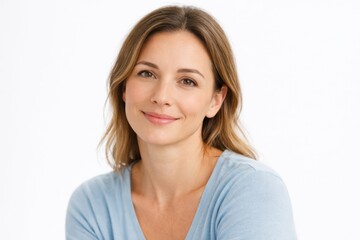 Obraz premium Warm Serenity and Contentment. A woman with a soft, genuine smile looks directly at the camera, embodying a state of calm confidence, mental wellness, and approachable serenity.