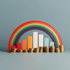 Rainbow of rising bar graphs forming an arch over gold coins, symbolising diversity, optimism and financial growth potential.