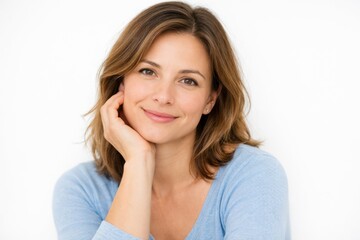 Fototapeta premium Warm Serenity and Contentment. A woman with a soft, genuine smile looks directly at the camera, embodying a state of calm confidence, mental wellness, and approachable serenity.