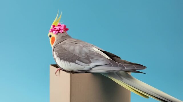 A cute cockatiel with a pink bow sits on a cardboard box against a blue background