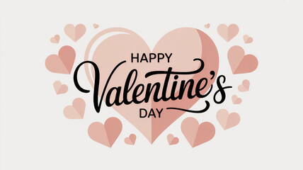 Modern Valentine vector card with centered rose-blush heart, minimalist flat design, elegant script lettering, pastel heart wreath, clean SVG lines, white background.