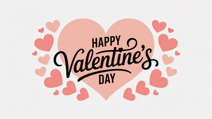 Modern Valentine vector card with centered rose-blush heart, minimalist flat design, elegant script lettering, pastel heart wreath, clean SVG lines, white background.