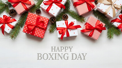 Beautifully wrapped Christmas gifts with pine branches and pinecones on white wood