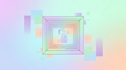 A vibrant, multicolored square tunnel with pastel hues and rectangles on a gradient background, creating a sense of depth and perspective with abstract