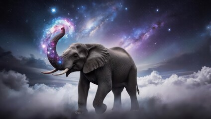 Majestic elephant reaching for a cosmic galaxy in a dreamlike sky.