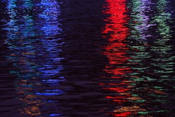 Blurred colorful light reflection on river surface with water waves in the dark night background 