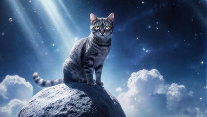 Majestic Tabby Cat Sits Atop Moon Rock Under Cosmic Starry Sky.