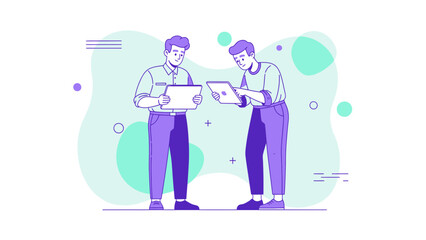 Fototapeta premium Two men collaborating on a digital project with tablets, modern flat illustration.
