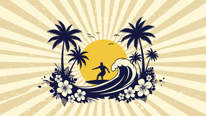 Obraz premium Retro tropical beach illustration with a surfer on a wave surrounded by palm trees and flowers under a large sun.