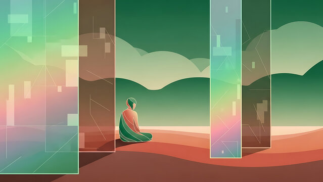 A person sits cross legged on a desert landscape surrounded by vibrant holographic screens and futuristic digital interfaces with a serene mountain range - Powered by Adobe