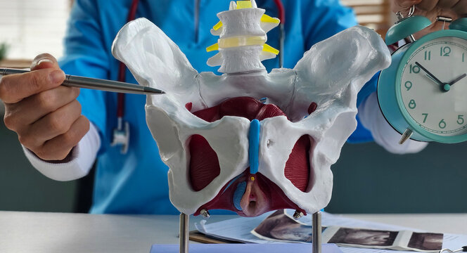 Model of female pelvis with clock in clinic. Diagnosis of pelvic organs in women concept