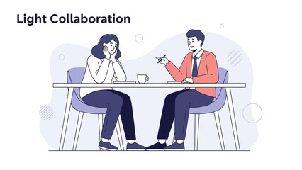 Two people collaborating and discussing ideas at a table, modern flat illustration