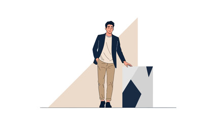 Stylish Man in Blazer and Chinos Posing with Geometric Block