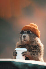Adorable animal wearing orange beanie and sunglasses is holding a coffee cup, showcasing a playful and trendy vibe in a warm, soft-focus background