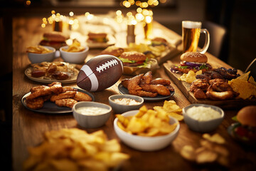 Festive table spread featuring a variety of delicious snacks, including burgers, wings, and chips, with a football centerpiece, perfect for game day celebrations and gatherings