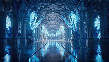 Futuristic Blue Cathedral Corridor with Symmetric Arches
