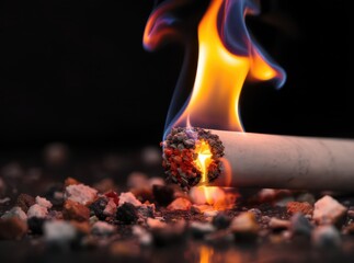 Burning Cigarette Surrounded by Colorful Pebbles and Ashes