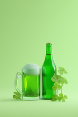 Green beer in a glass mug and a bottle, surrounded by clover leaves, set against a vibrant green background, celebrating festive occasions and joyful gatherings