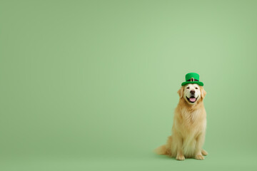 Golden retriever wearing a green leprechaun hat, sitting on a soft green background, celebrating St. Patrick's Day with a cheerful expression and festive atmosphere