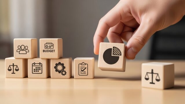 Business Resource Allocation Strategy. Hand selecting budget block from planning elements, prioritizing financial resources for annual execution.
