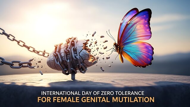 International day of zero tolerance for female genital mutilation awareness with butterfly breaking free from chains