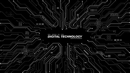 Electronic circuit board background with central text block space. Black PCB pattern with pink accents creates modern tech design for digital projects and presentations. Digital vector illustration