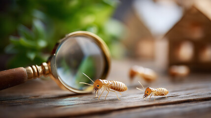 Home inspection for termite infestation visualization, pest control concept display, magnifying glass on wooden surface, property damage assessment, insect detection process, struc