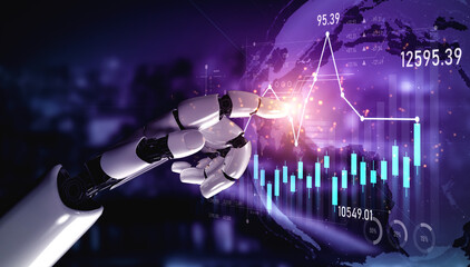 A robotic hand interacts with vibrant digital stock market visuals, showcasing data analysis and economic trends, representing the future of finance and technology. Scalp