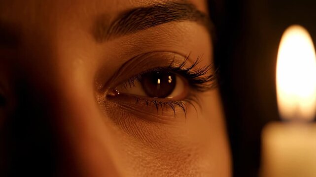 Extreme close-up of a woman opening her brown eye next to a burning candle. Macro shot of eyelashes and skin texture in warm candlelight. Spiritual concept of prayer, faith, and Ramadan