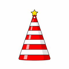 Red and white striped party hat with golden star on top. Festive party hat design for birthdays and celebrations, featuring bright colors and simple graphic style.