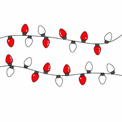 Christmas lights on white background, two lines of decorative red and white bulbs. Holiday Christmas lights illuminate festive scenes, creating warm celebratory mood.