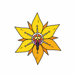 Technology flower illustration combines organic form with digital circuit elements. Unique technology flower design features vibrant yellow petals, intricate internal wiring,