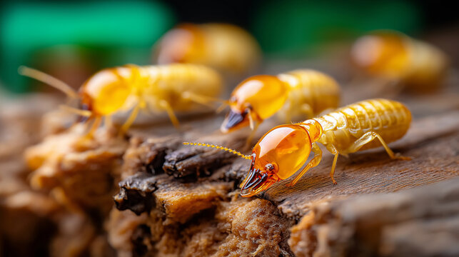 Detailed close-up of termites on wooden surface, magnified view showcasing insect anatomy, behavior observation study, pest identification characteristics, biological structure exa