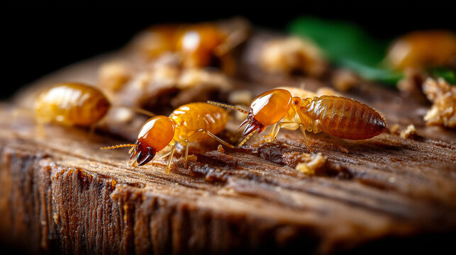 Detailed close-up of termites on wooden surface, magnified view showcasing insect anatomy, behavior observation study, pest identification characteristics, biological structure exa